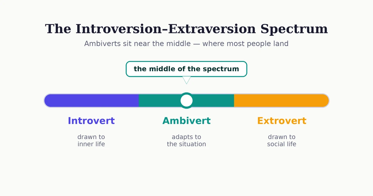 Spectrum slider diagram showing Introvert, Ambivert, and Extrovert, with a marker at the middle labeled the middle of the spectrum