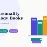Illustration of a bookshelf holding personality psychology books in indigo, teal, amber, and violet, with the words Best Personality Psychology Books