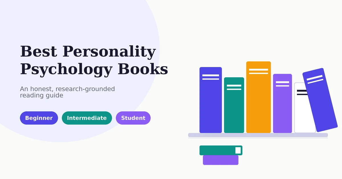 Illustration of a bookshelf holding personality psychology books in indigo, teal, amber, and violet, with the words Best Personality Psychology Books