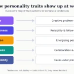 Original concept diagram mapping five trait patterns — openness, conscientiousness, extraversion, agreeableness, emotional stability — to typical workplace strengths