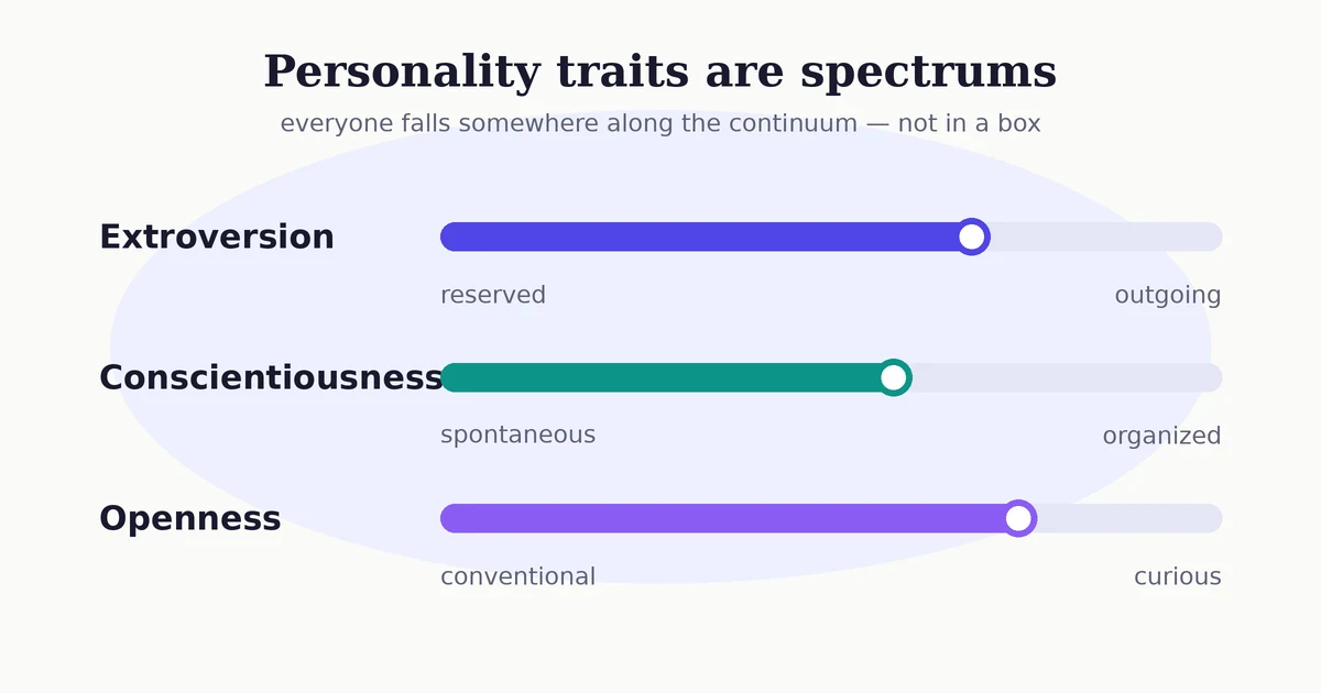 Diagram of personality traits as spectrums: continuum bars showing reserved to outgoing, spontaneous to organized, and conventional to curious